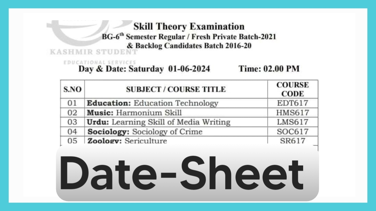 GDC (Women) Nawakadal | Date-Sheet for Skill Theory Examination BG 6th Semester - Regular / Fresh Private / Backlog