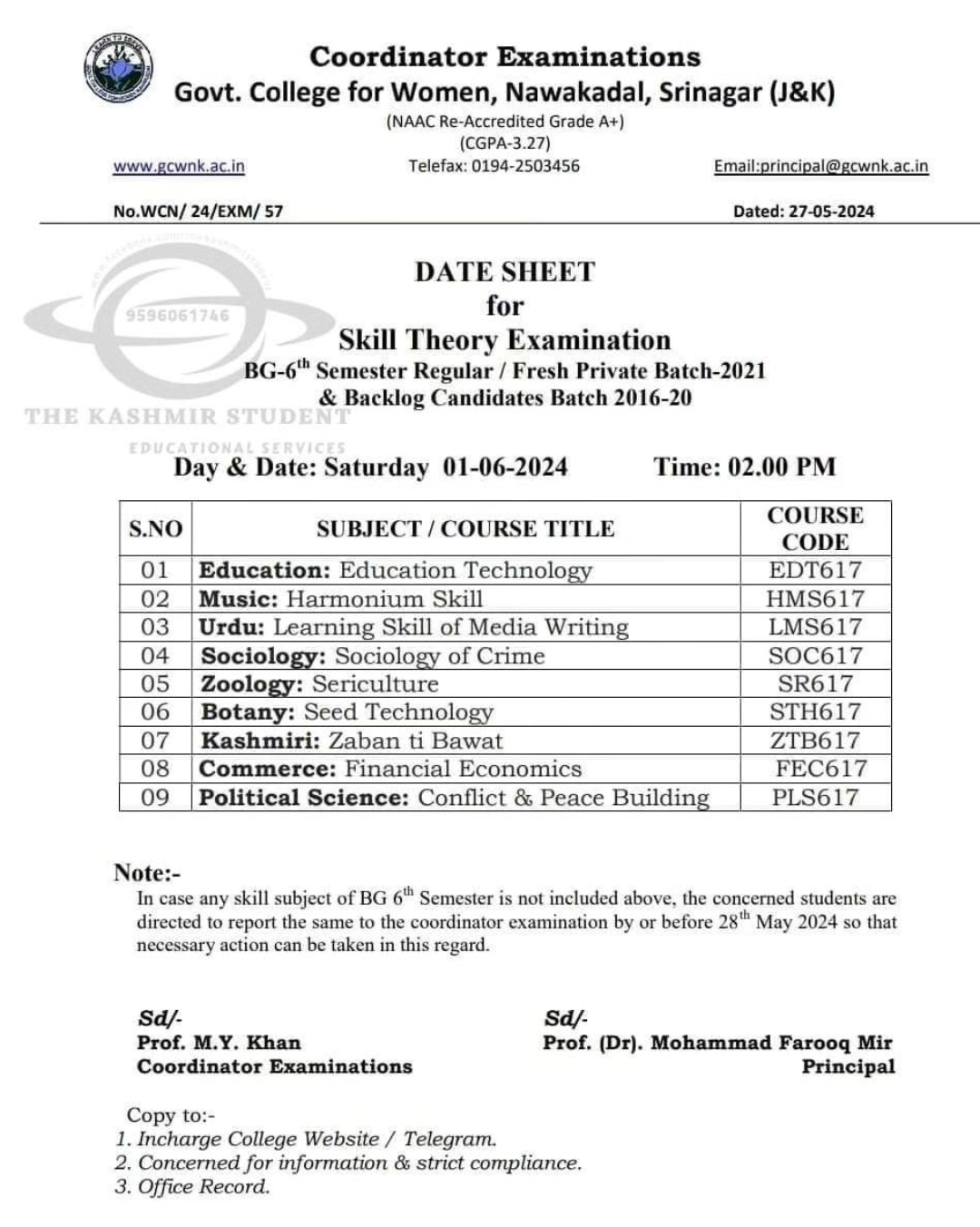 GDC (Women) Nawakadal | Date-Sheet for Skill Theory Examination BG 6th Semester - Regular / Fresh Private / Backlog