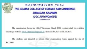 UG 6 Semester Examination Form Notification - Islamia College of Science and Commerce