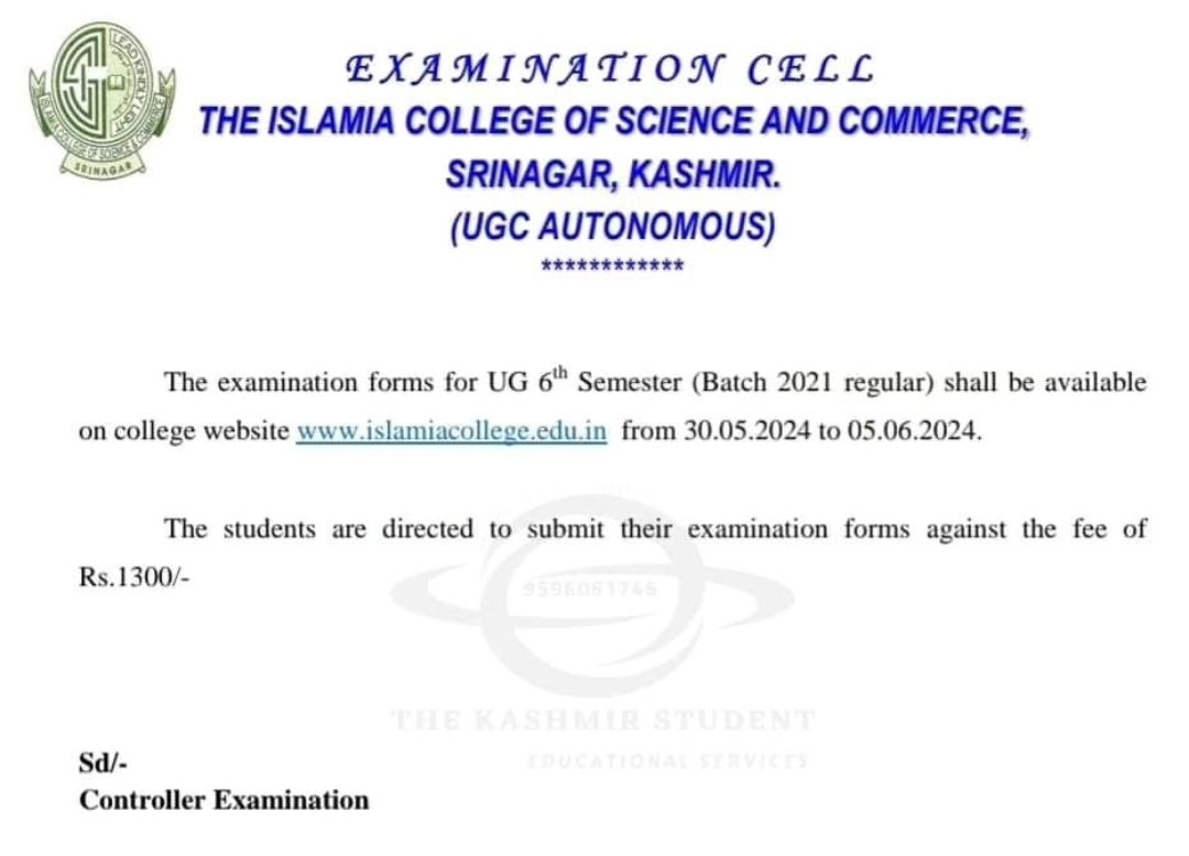 UG 6 Semester Examination Form Notification - Islamia College of Science and Commerce