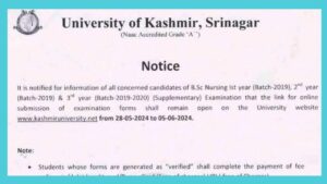 University of Kashmir Announces Online Submission Dates for B.Sc Nursing Exams