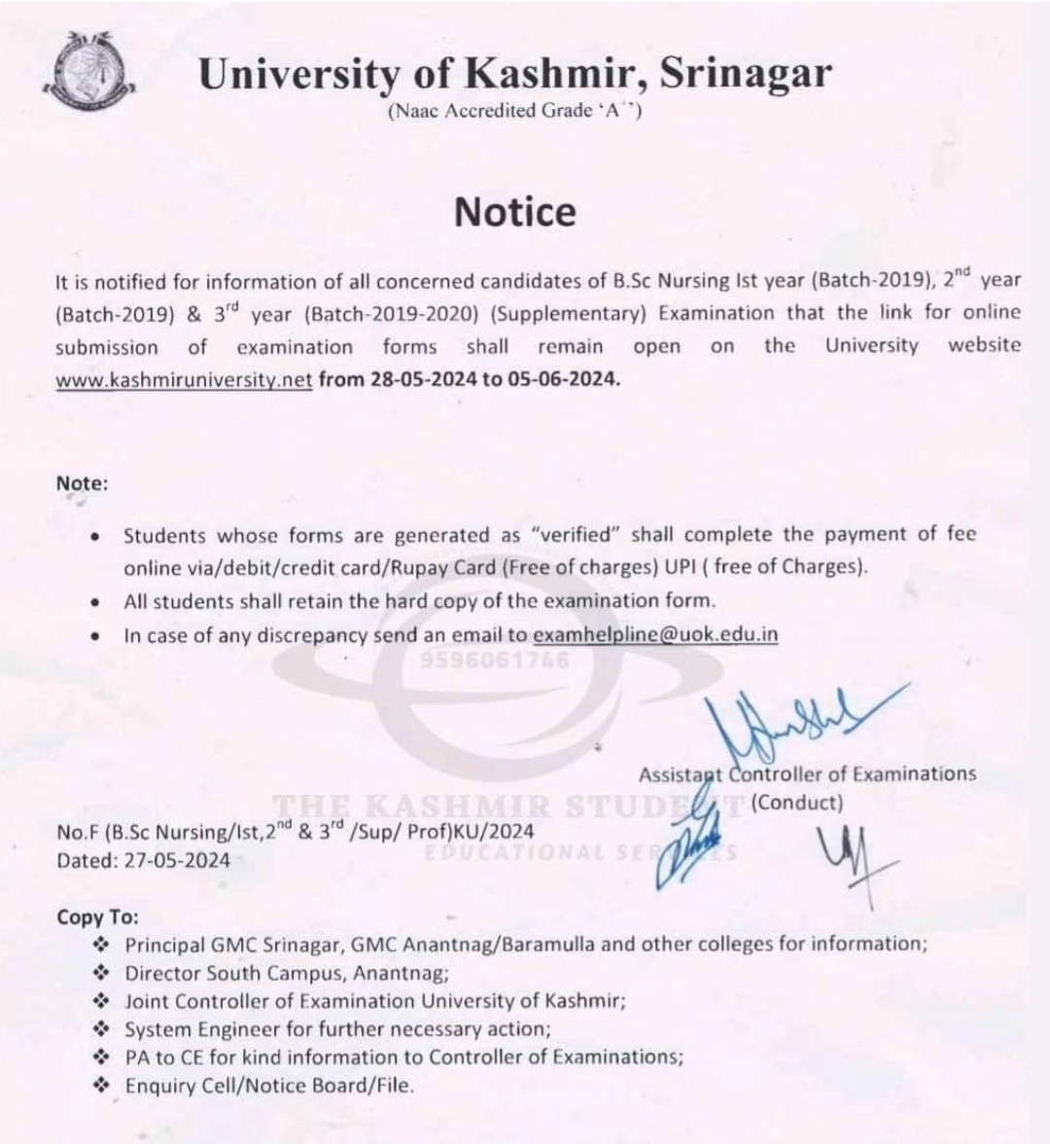 University of Kashmir Announces Online Submission Dates for B.Sc Nursing Exams